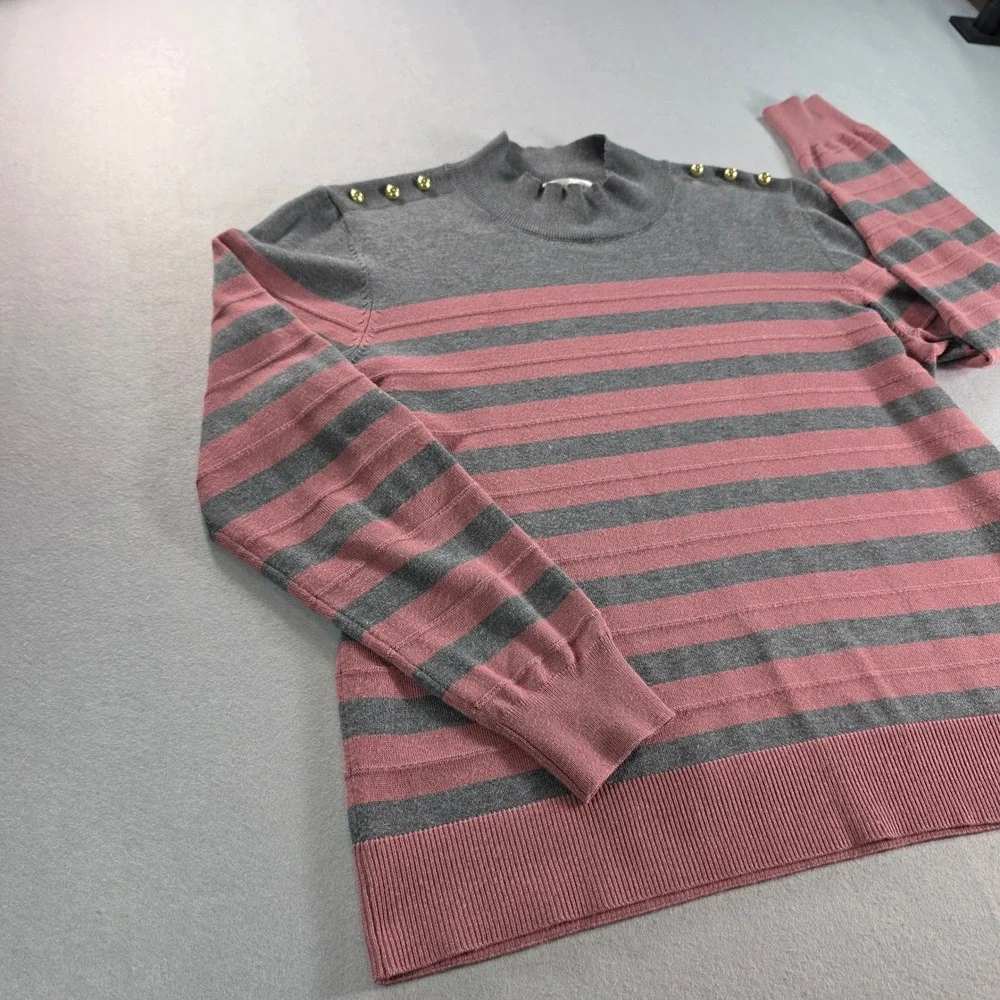 Retrology Womens Grey Pink Striped Mock Neck Sweater Gold Shoulder Button Large